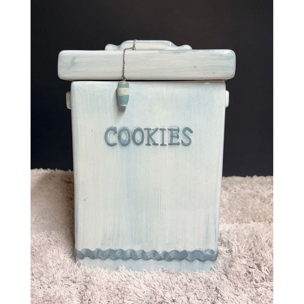 MSRF Inc Vintage Blue White Ceramic Cookies Jar with Lid 1990's Cotttagecore